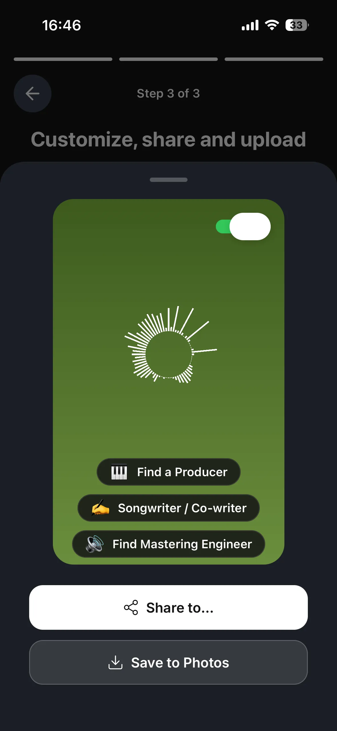 Muselink.app collaboration screen for starting a collab with music creators worldwide