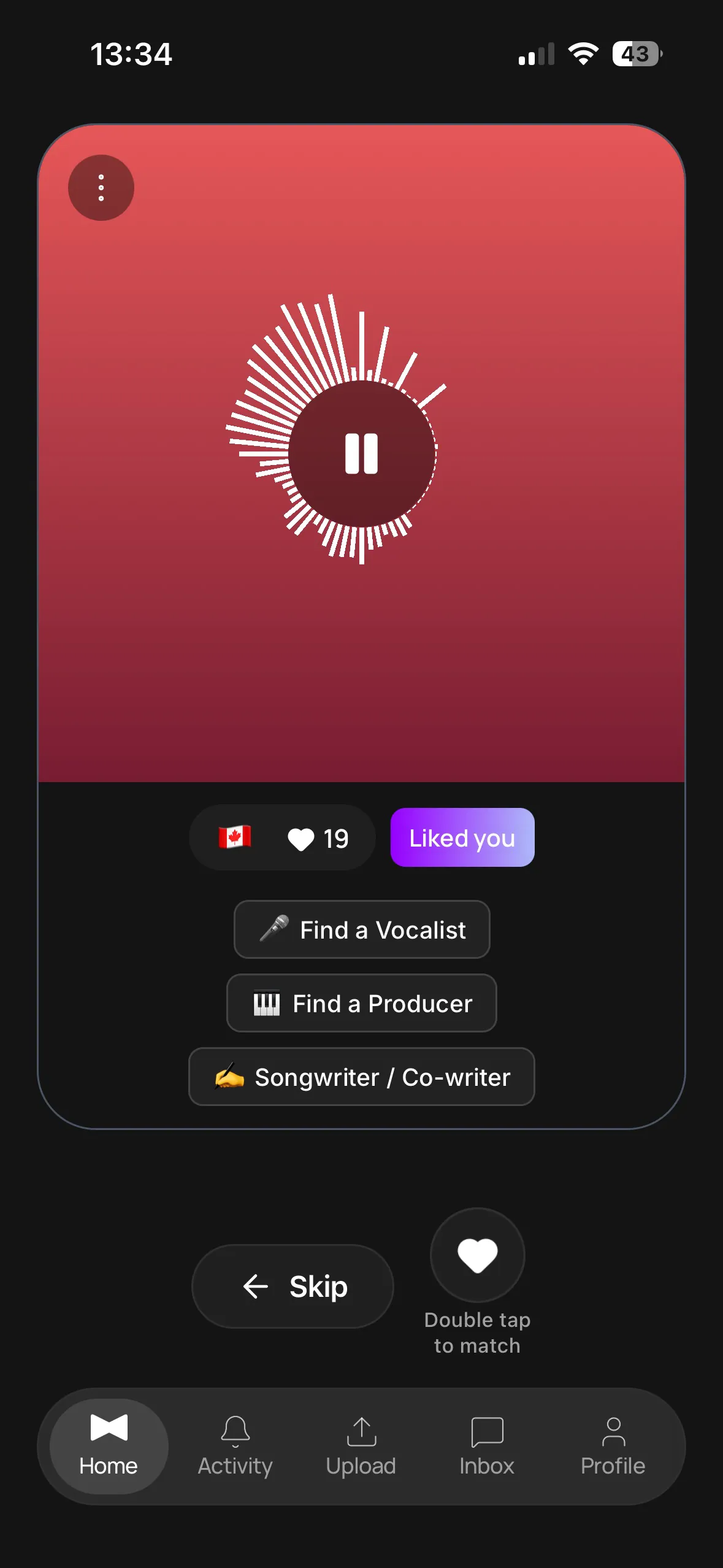 Muselink.app discover screen matching producers and vocalists by genre and style