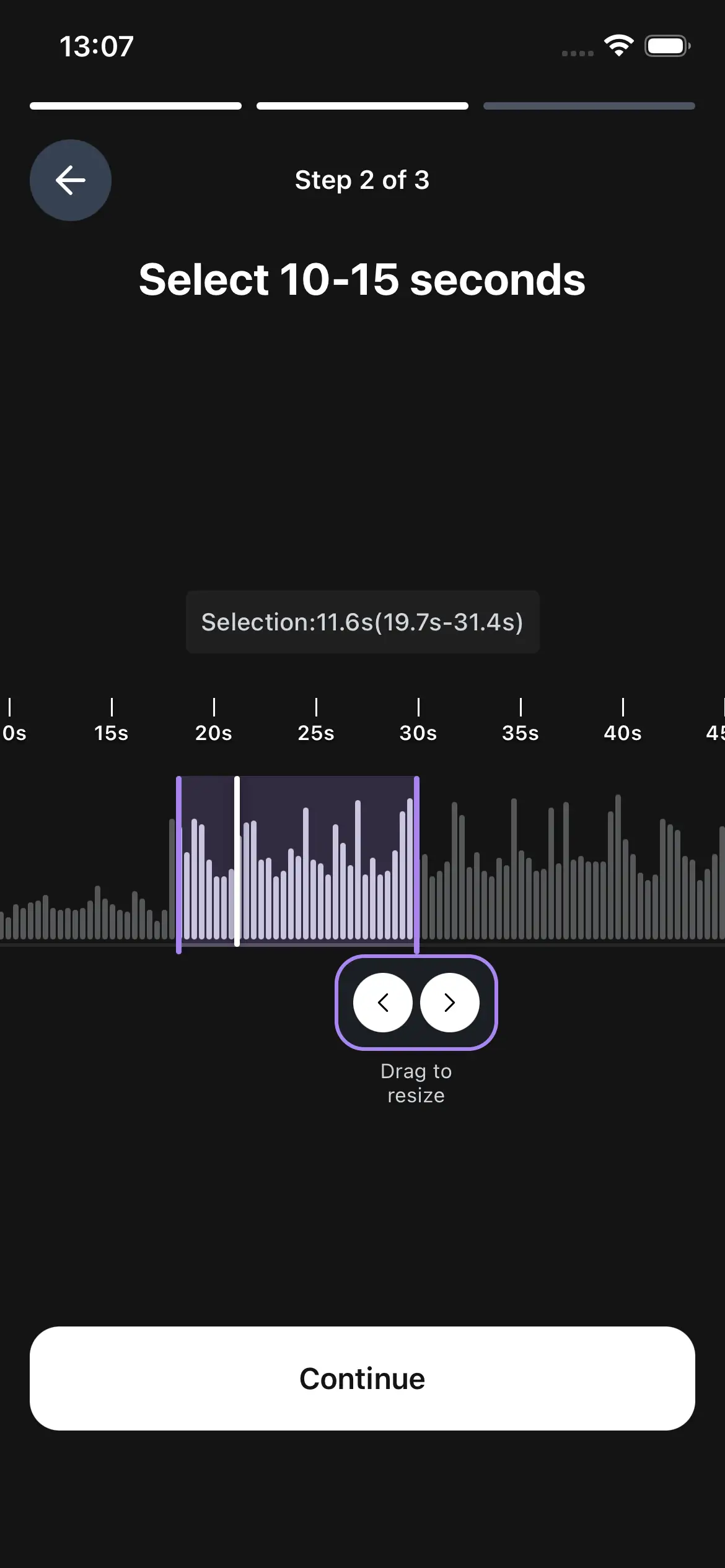 Muselink.app upload flow trimming a 10 to 15 second audio snippet on a waveform
